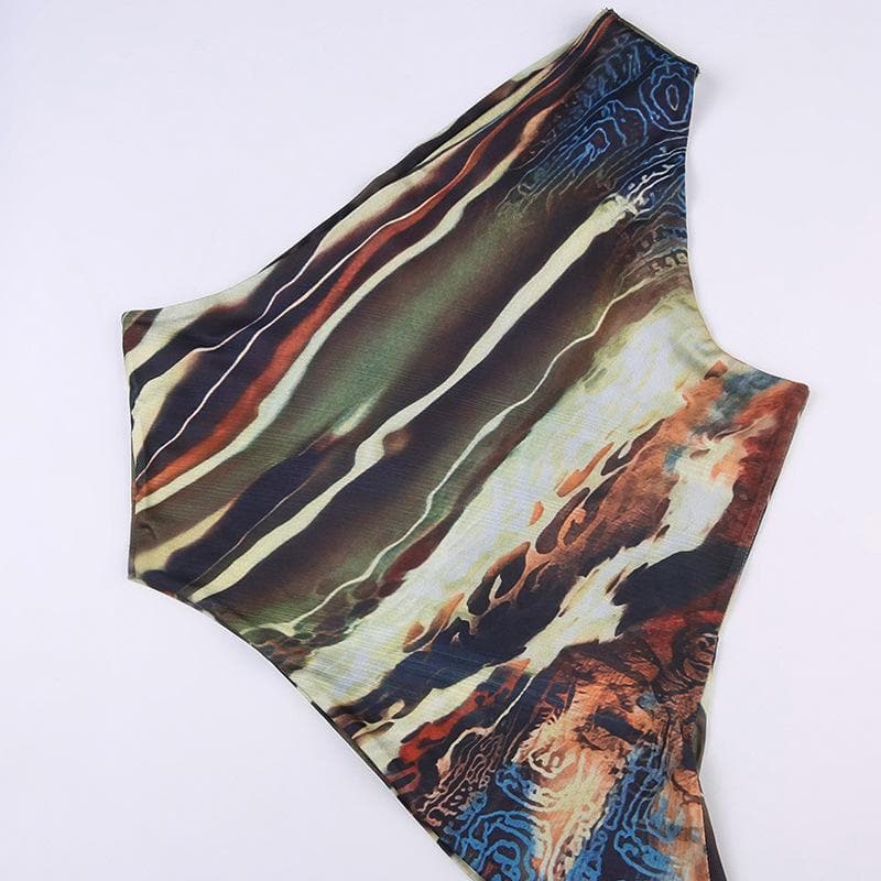 Abstract Print Contrast One Shoulder Irregular Crop Top