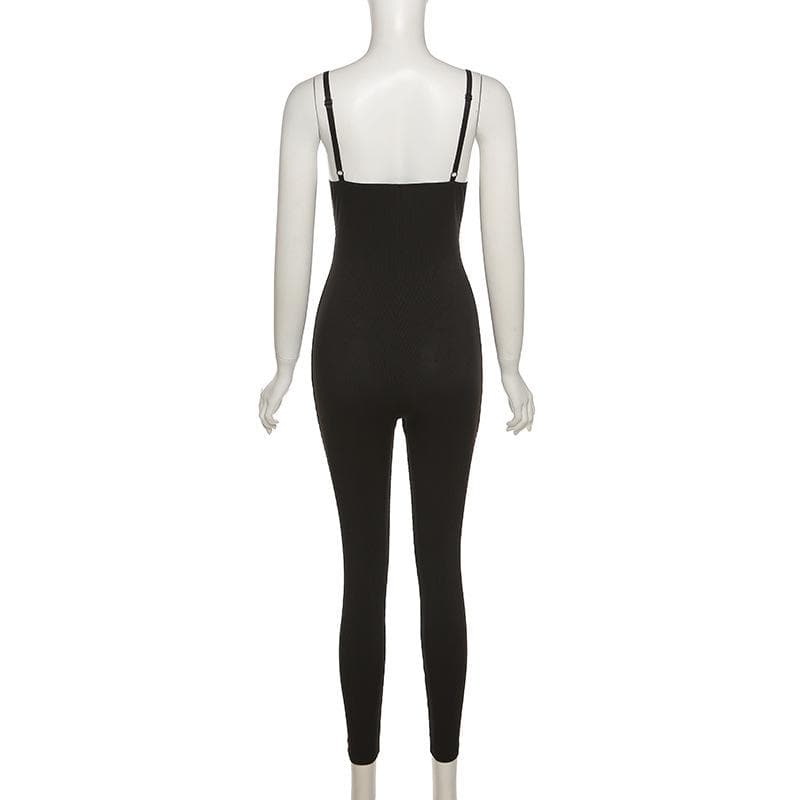 Gerippter, rückenfreier, einfarbiger Camisole-Jumpsuit mit V-Ausschnitt 