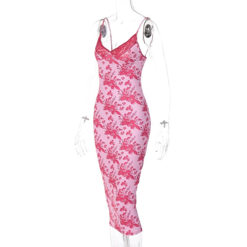Rückenfreies Camisole-Midikleid mit Blumenmuster, Spitzensaum, V-Ausschnitt und Kontrast 