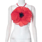 Flower pattern embroidery contrast halter self tie backless crop top