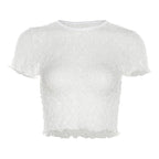 Lace see through solid ruffle short sleeve crewneck crop top