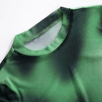 Maglia a rete trasparente con stampa tie-dye a maniche lunghe e scollo rotondo a contrasto 