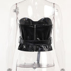 Sweetheart neck backless belt PU leather corset zip-up top