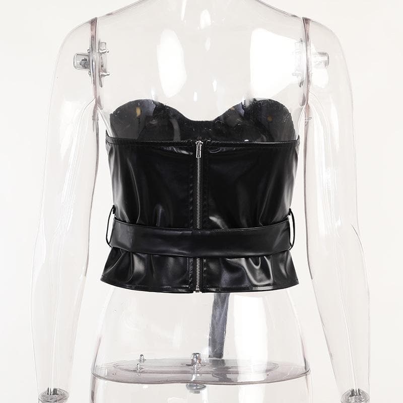 Sweetheart neck backless belt PU leather corset zip-up top