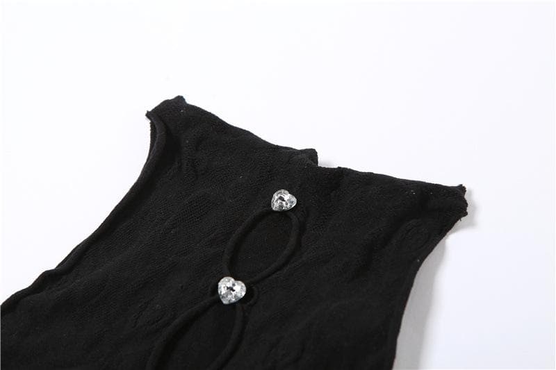 Ärmelloser Jumpsuit aus einfarbigem Fischnetz mit Rundhalsausschnitt und ausgehöhlter Spitze