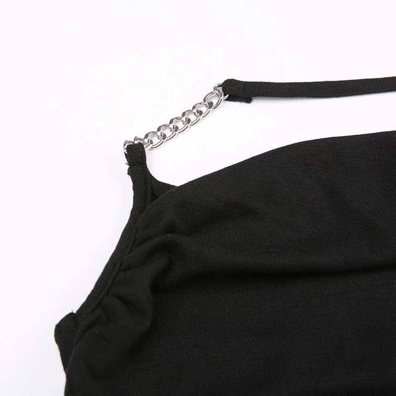 Metal chain halter ruched solid backless top
