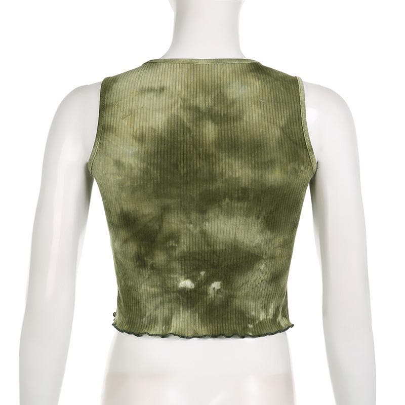 Ribbed tie dye butterfly pattern sleeveless notch neck ruffle crop top