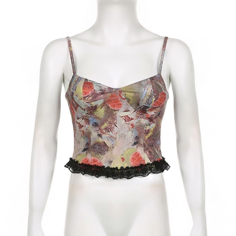 Backless v neck lace hem contrast print cami crop top