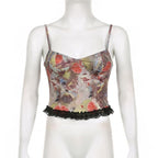Backless v neck lace hem contrast print cami crop top