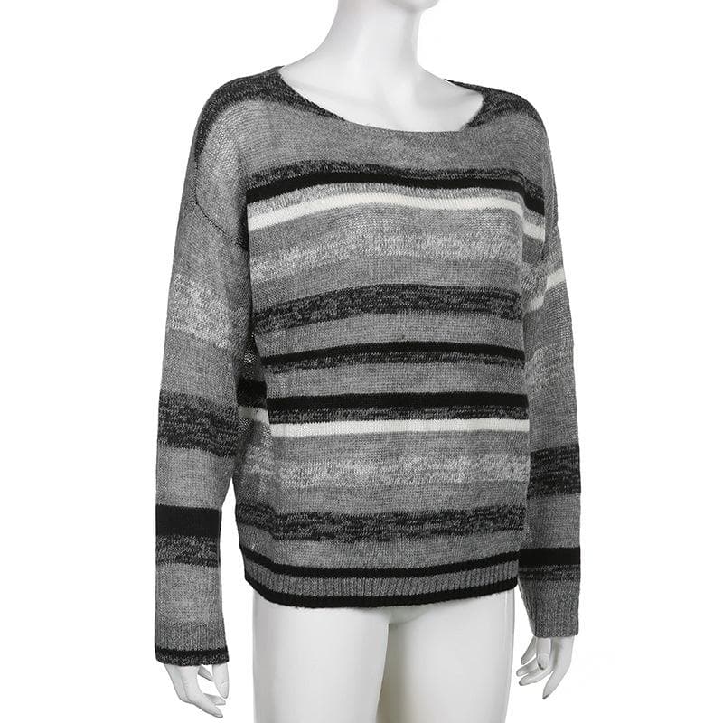 Long sleeve contrast striped knitted round neck top - Final Sale