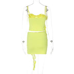 Flower applique solid ruffle ribbon cami mini skirt set