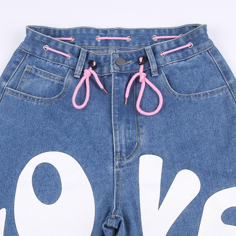 Contrast print zip-up drawstring straight leg jeans - Final Sale
