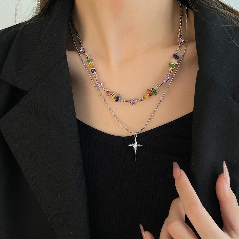 Multicolor Stone Star Pendant 2 Pcs Choker Necklace