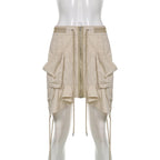 Rrawstring zip-up irregular cargo pocket mini skirt