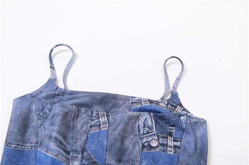 Top canotta con stampa in denim a contrasto e scollo quadrato senza schienale 