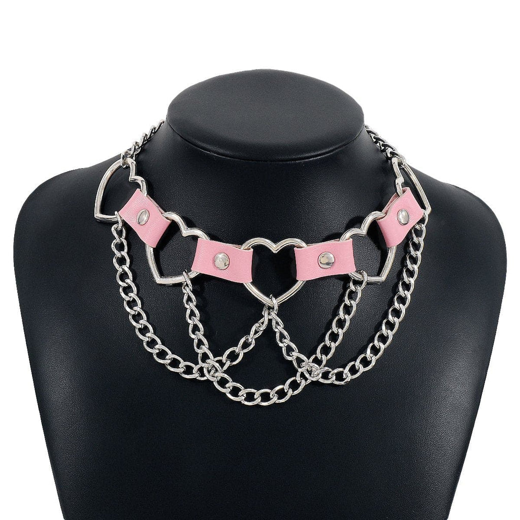 Heart Ring Pu Chain Layered Choker Necklace
