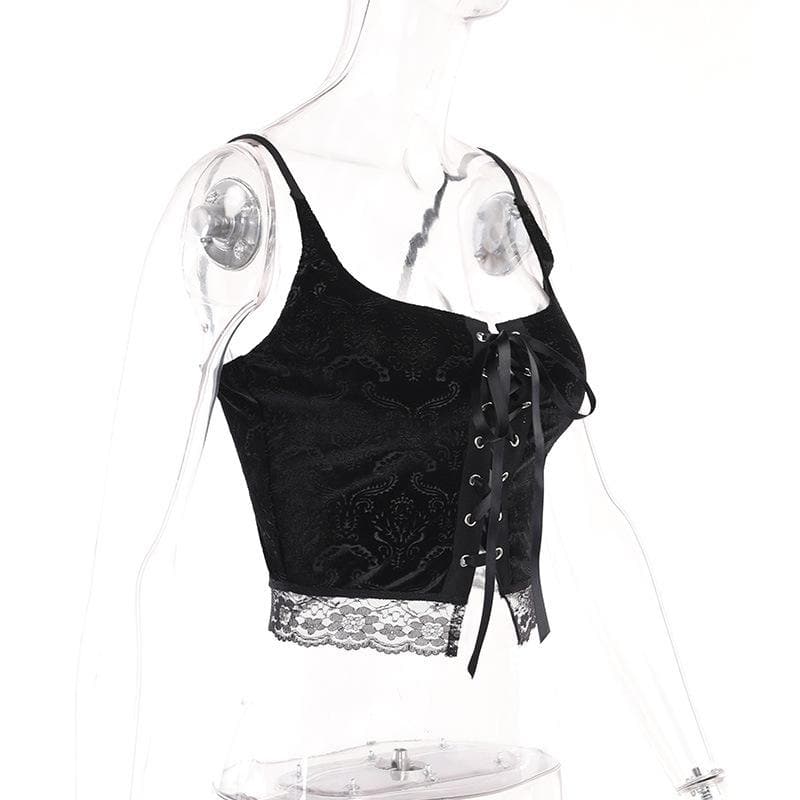 Lace up backless velvet lace hem square neck cami crop top