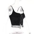 Lace up backless velvet lace hem square neck cami crop top