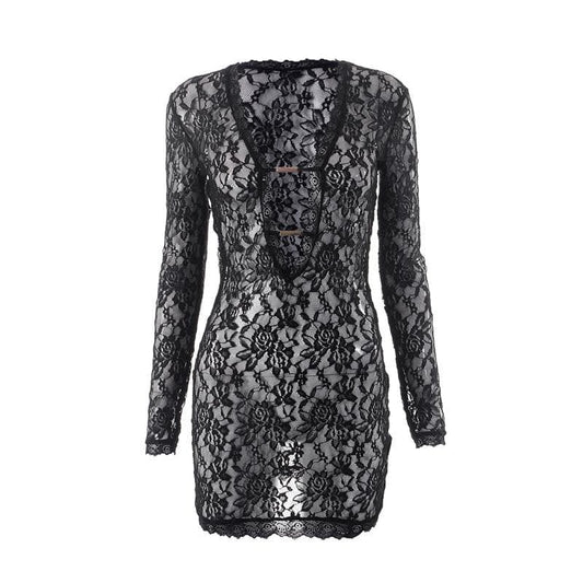 Durchsichtiges Minikleid mit Spitzen-Metallanhänger und V-Ausschnitt, langärmlig 