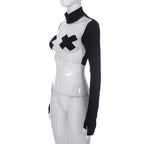 Top corto patchwork con guanti a maniche lunghe e collo alto in rete