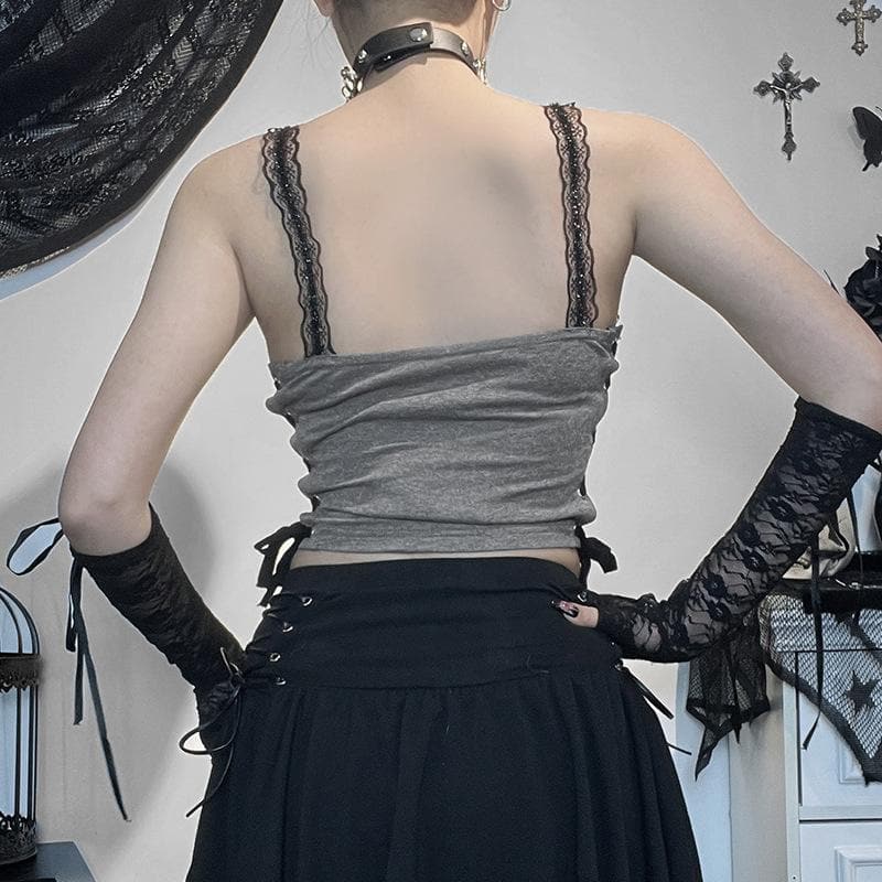 Lace hem backless lace up butterfly pattern contrast crop top