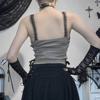 Lace hem backless lace up butterfly pattern contrast crop top