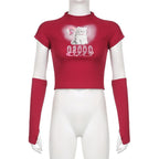 High neck short sleeve gloves cat pattern crop top