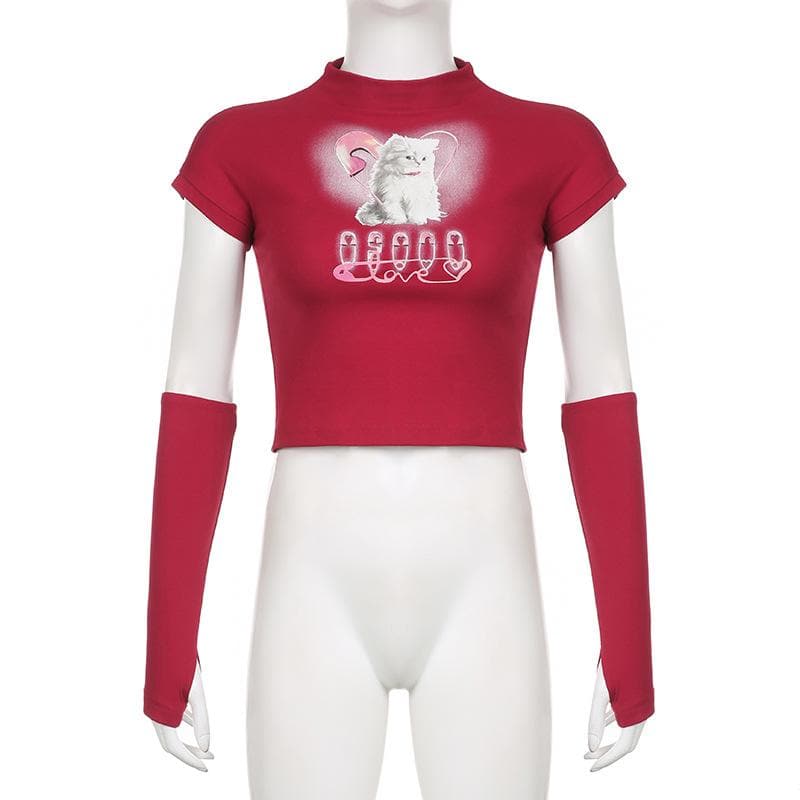 High neck short sleeve gloves cat pattern crop top