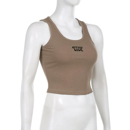 Ärmelloses, geripptes Crop-Top mit Stickerei und U-Ausschnitt 