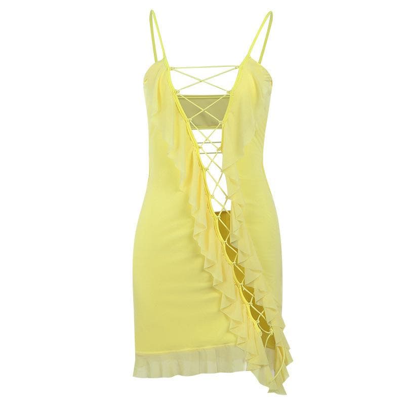 Lace up ruffle hollow out backless cami mini dress