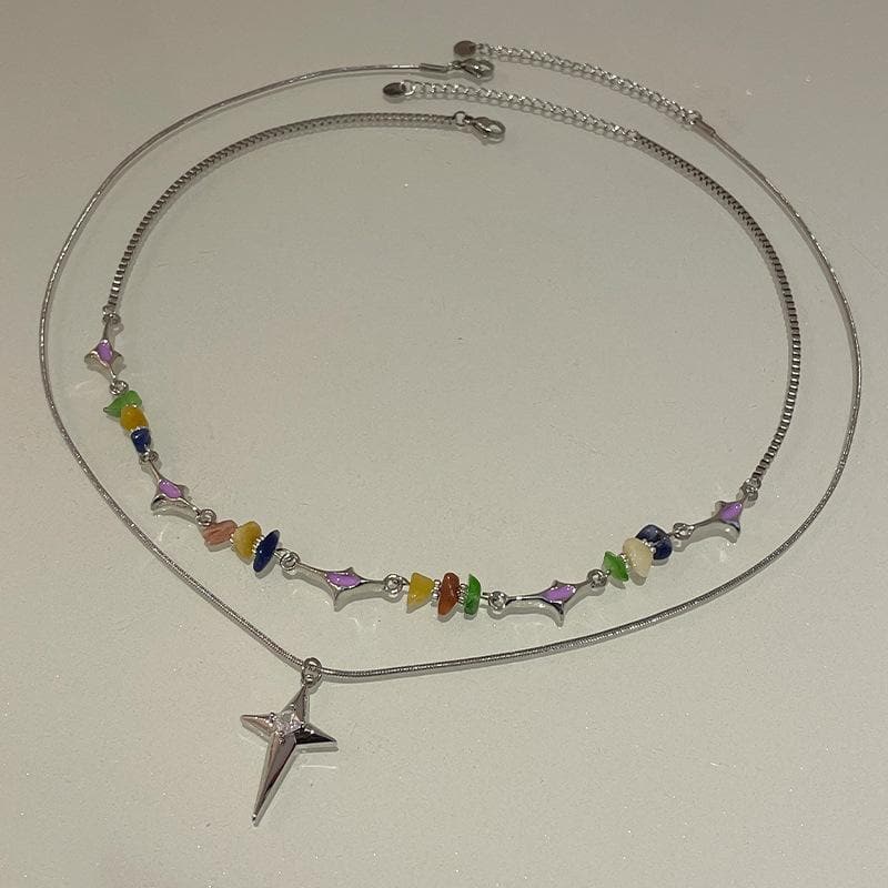 Multicolor Stone Star Pendant 2 Pcs Choker Necklace