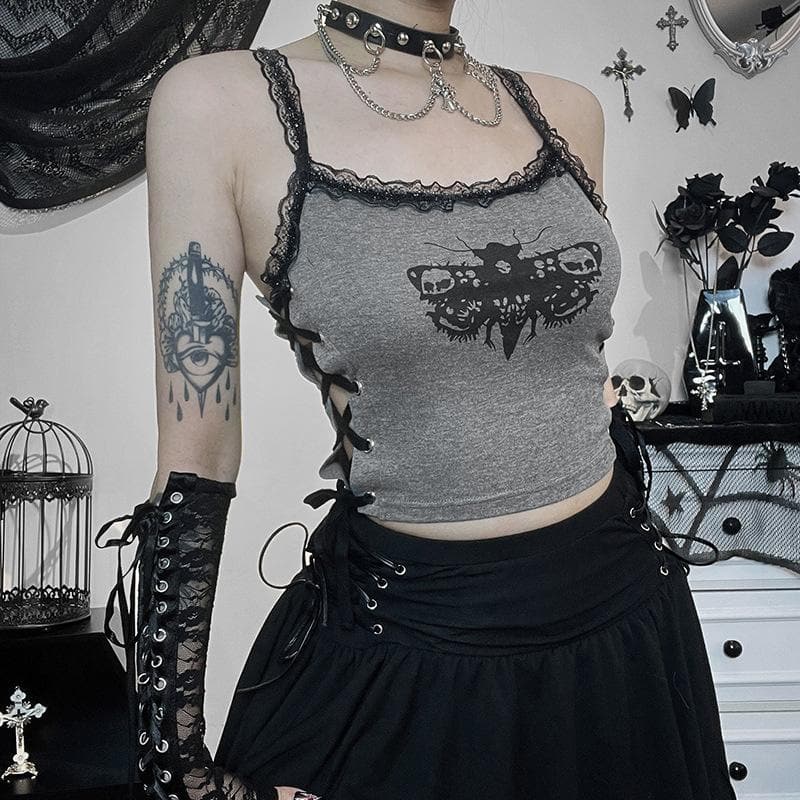 Lace hem backless lace up butterfly pattern contrast crop top