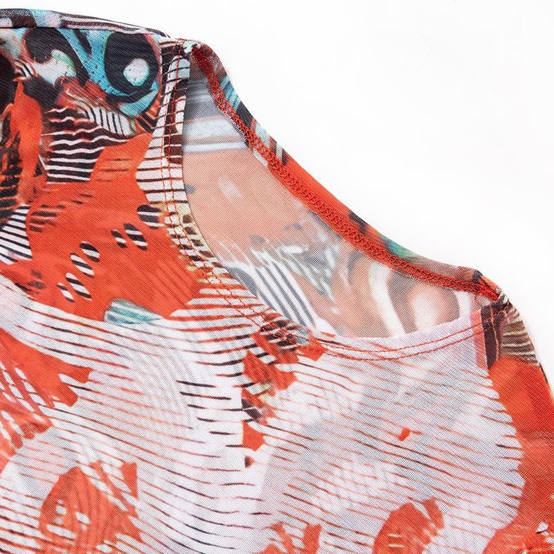 Abstract Print Sheer Mesh Long Sleeve Gloves Contrast Maxi Skirt Set