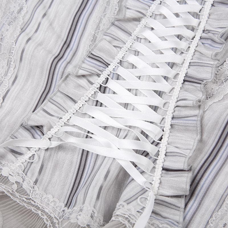 Ruffle striped contrast lace hem corset lace up backless top