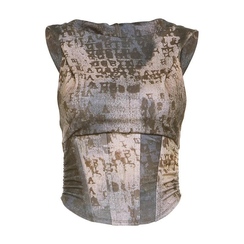 Felpa con cappuccio, senza maniche, con zip, corsetto, top corto arricciato a contrasto 