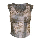 Felpa con cappuccio, senza maniche, con zip, corsetto, top corto arricciato a contrasto 