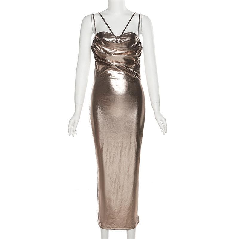 Metallic-Midikleid mit gerüschtem Rücken und Patchwork-Muster 