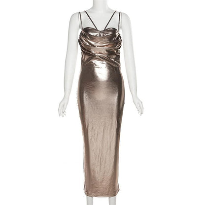 Metallic-Midikleid mit gerüschtem Rücken und Patchwork-Muster 
