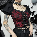Puff sleeve contrast v neck lace patchwork lace up crop top