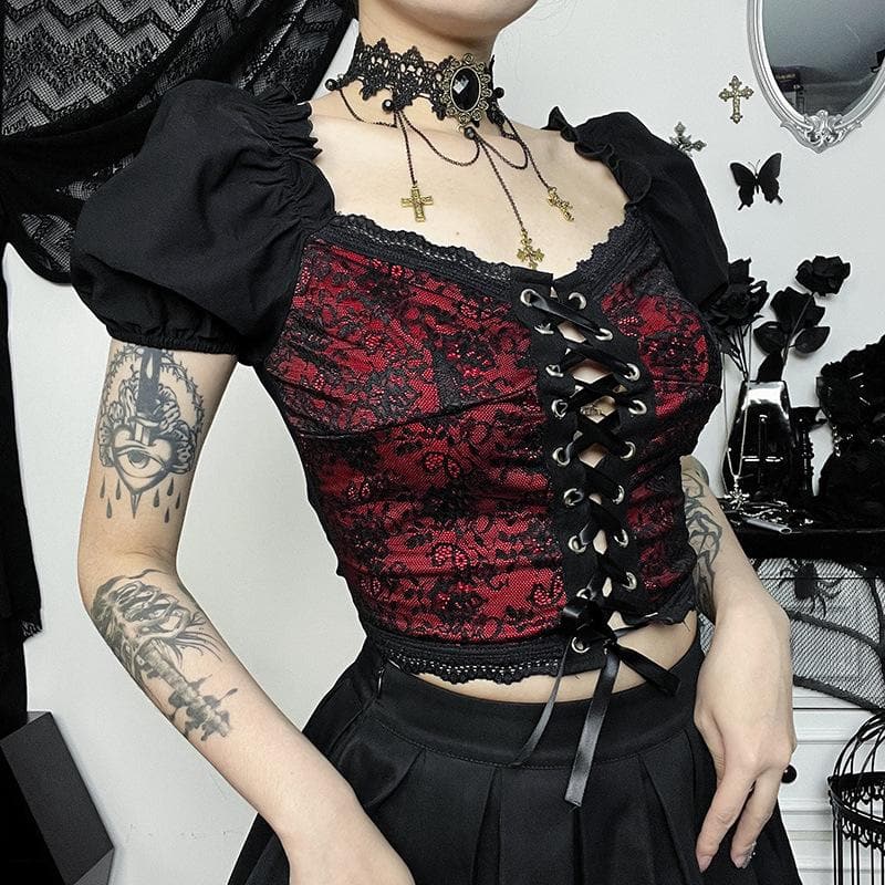 Puff sleeve contrast v neck lace patchwork lace up crop top
