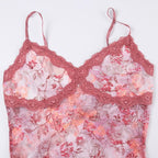 Lace flower print v neck contrast backless cami top