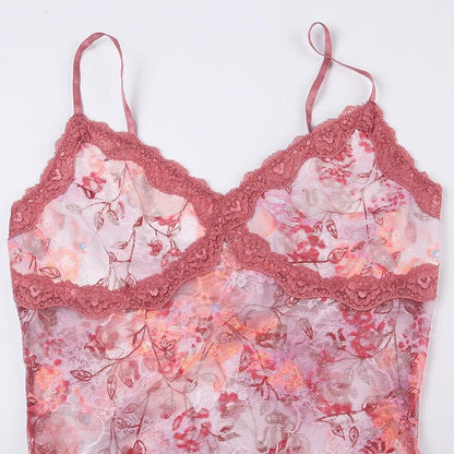 Rückenfreies Cami-Top mit Spitzen-Blumenmuster und V-Ausschnitt in Kontrastfarbe 