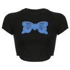 Butterfly patchwork contrast short sleeve crop top