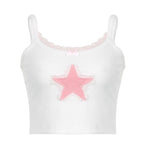 Top corto con canotta a coste e contrasto con orlo in pizzo patchwork a stelle