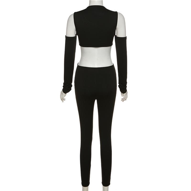 Einfarbiger Jumpsuit mit überkreuzten Ärmeln und ausgehöhlten Schultern und O-Ring 