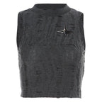 Sleeveless textured star applique hollow out solid crop top