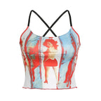 Cross back contrast u neck abstract backless crop top