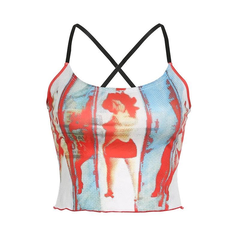 Cross back contrast u neck abstract backless crop top