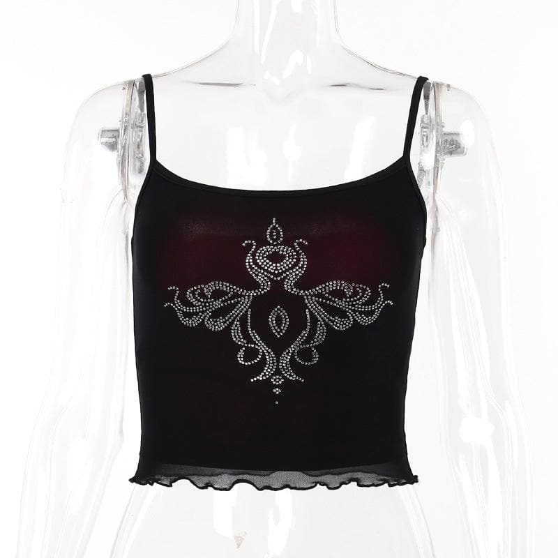 Beaded abstract u neck mesh ruffle cami crop top