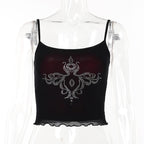 Beaded abstract u neck mesh ruffle cami crop top